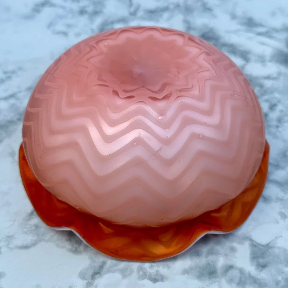 Vintage Opalescent Cased Pink Peach Art Glass Bowl Chevron Zig Zag Ruffled 5in